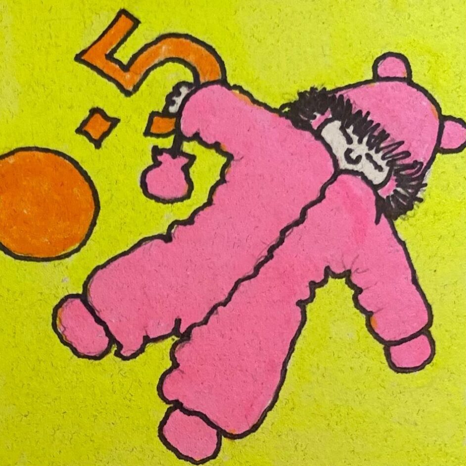 Infant in pink snowsuit, text 0-5